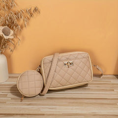 Quilted Casual Shoulder Bag with Small Purse - Stylish Handbag
