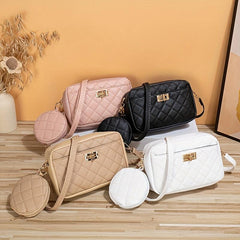 Quilted Casual Shoulder Bag with Small Purse - Stylish Handbag