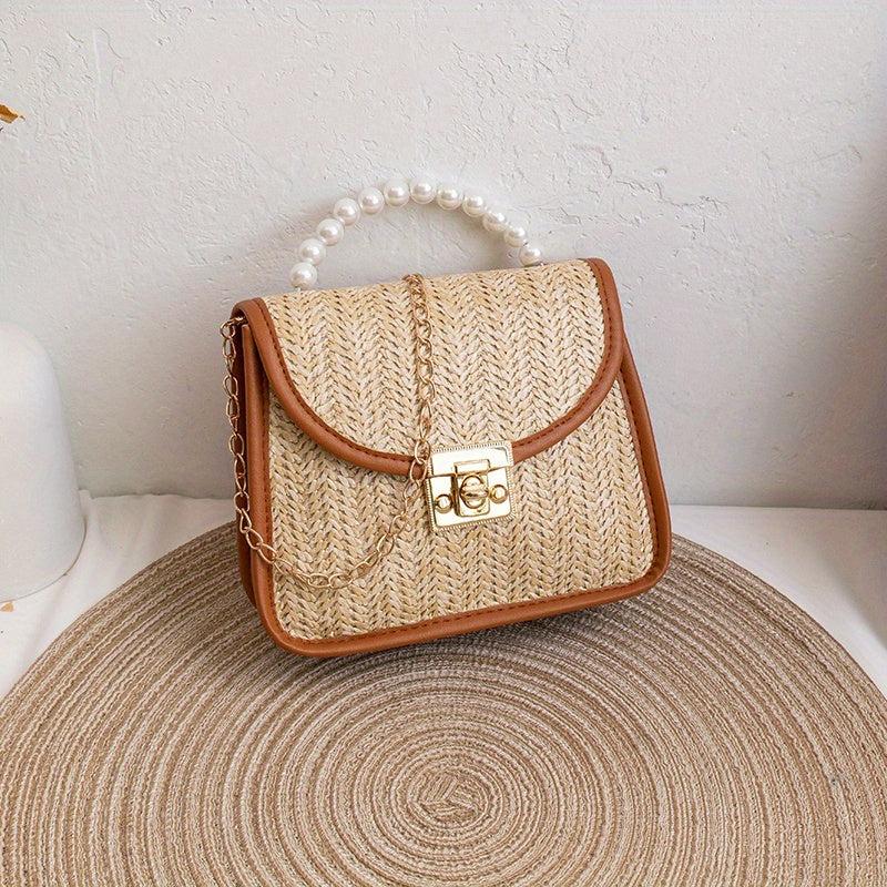 Straw Square Bag Turn Lock Crossbody Chain Women's Flap Top Bag