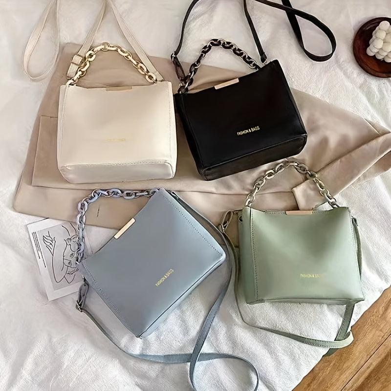 Chain Decor Bucket Bag Faux Leather Crossbody Handbag Small Shoulder Purse