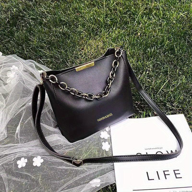 Chain Decor Bucket Bag Faux Leather Crossbody Handbag Small Shoulder Purse
