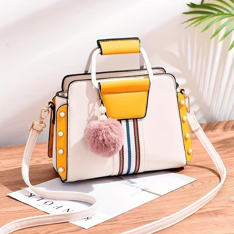 Faux Pearl Crossbody Bag with Pompom Decor