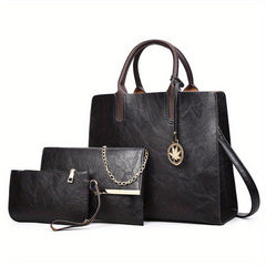 3Pcs Solid Handbag Set Vintage PU Tote Bag Crossbody Pouch Clutch Purse
