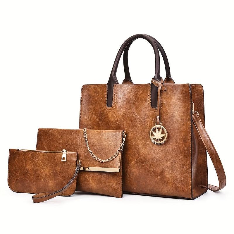 3Pcs Solid Handbag Set Vintage PU Tote Bag Crossbody Pouch Clutch Purse
