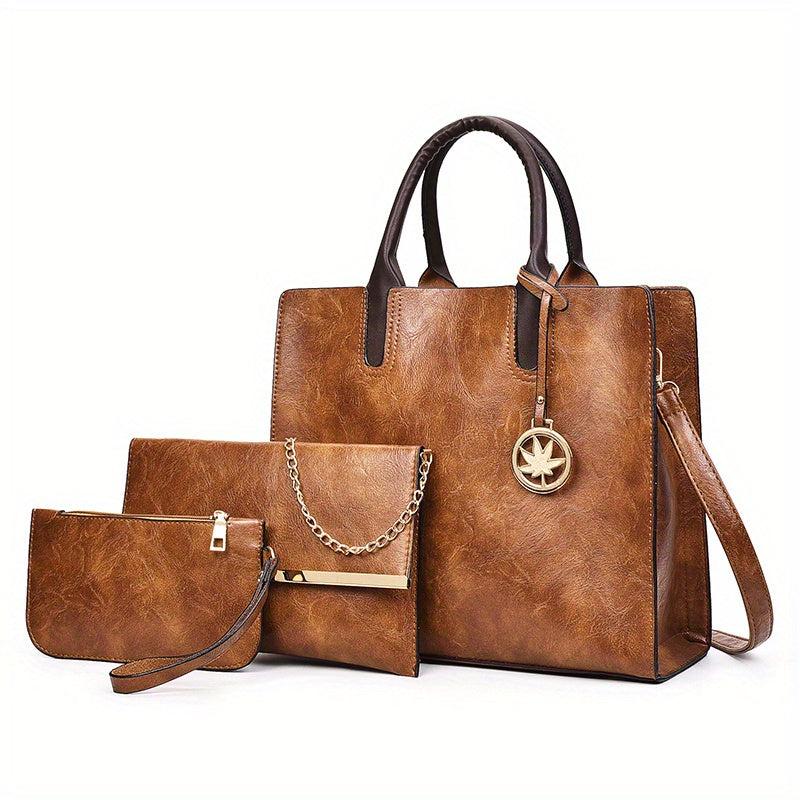 3Pcs Solid Handbag Set Vintage PU Tote Bag Crossbody Pouch Clutch Purse