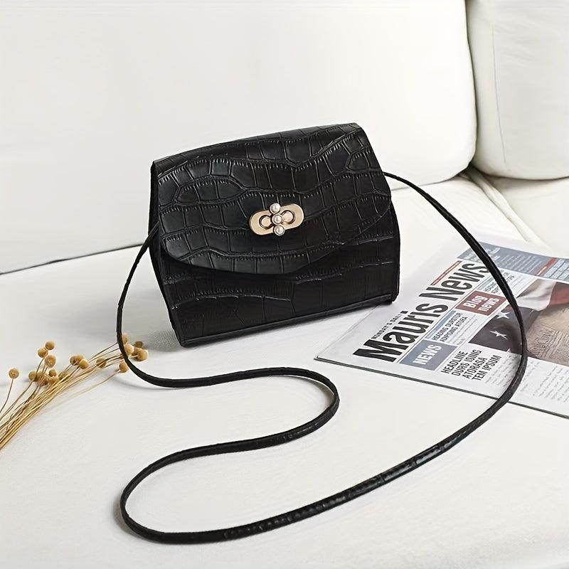 Crocodile Embossed Square Bag with Faux Pearl Buckle