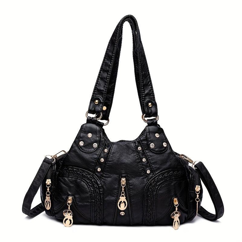 Retro Hobo Shoulder Bag with Rivets Decor Women's Classic Satchel Bag