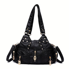 Retro Hobo Shoulder Bag with Rivets Decor Women's Classic Satchel Bag