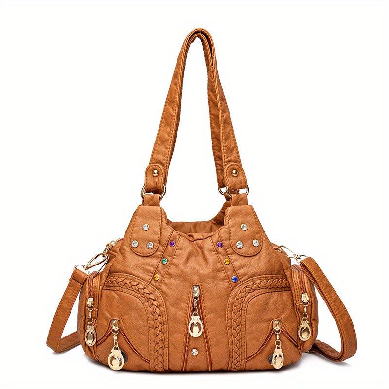 Retro Hobo Shoulder Bag with Rivets Decor Women's Classic Satchel Bag