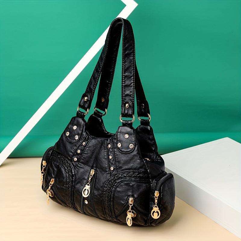 Retro Hobo Shoulder Bag with Rivets Decor Women's Classic Satchel Bag