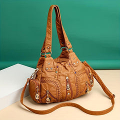 Retro Hobo Shoulder Bag with Rivets Decor Women's Classic Satchel Bag
