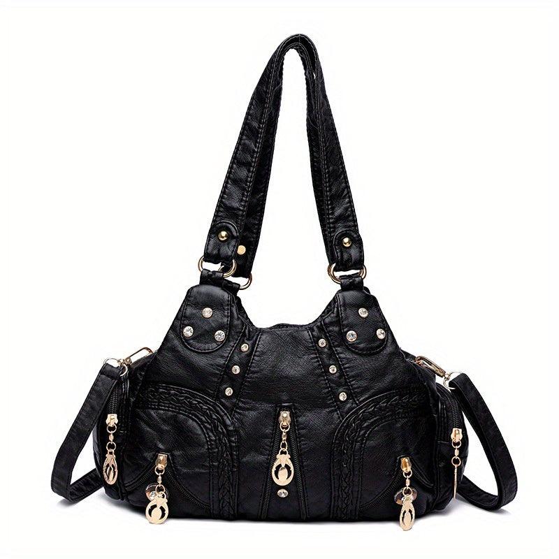 Retro Hobo Shoulder Bag with Rivets Decor Women's Classic Satchel Bag
