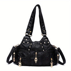 Retro Hobo Shoulder Bag with Rivets Decor Women's Classic Satchel Bag