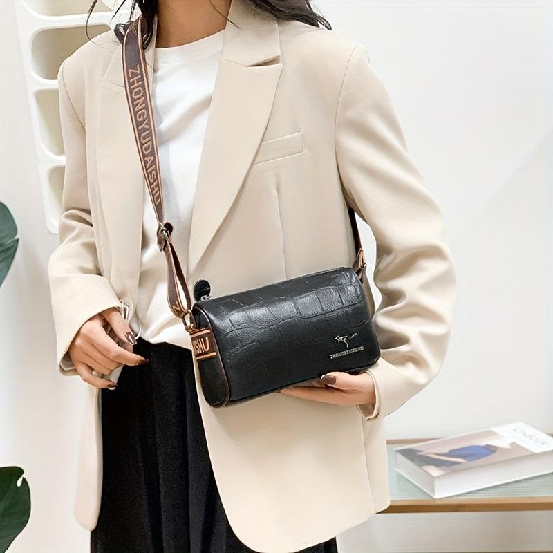 Crocodile Crossbody Bag with Letter Strap and Zipper Closure