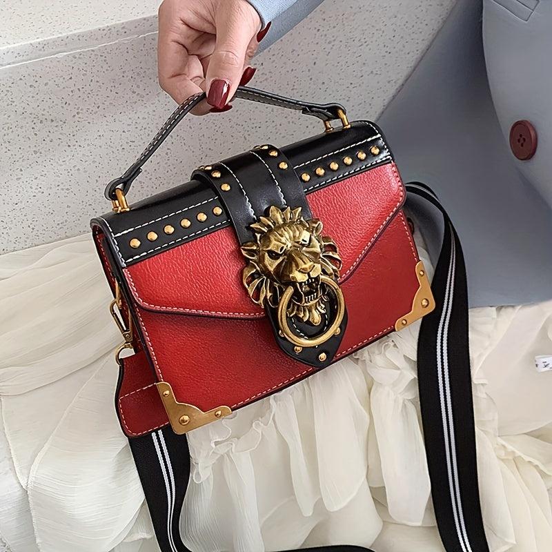 Vintage Studded Metal Lion Crossbody Bag