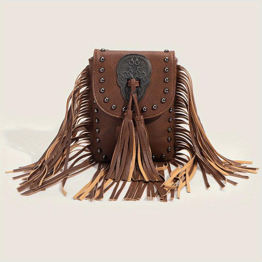 Vintage Skull Patched Pattern Square Bag Halloween Tassel Decor Crossbody Bag