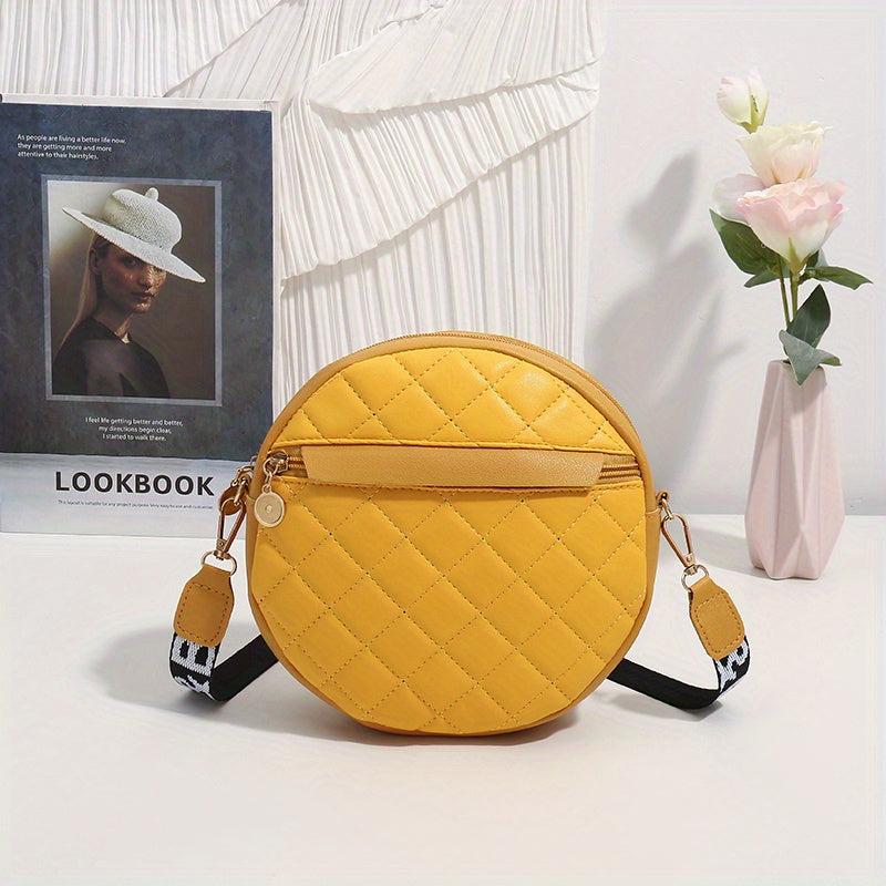 Quilted Circle Crossbody Bag Faux Leather Round Argyle Mini Zipper Shoulder Bag