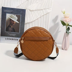 Quilted Circle Crossbody Bag Faux Leather Round Argyle Mini Zipper Shoulder Bag