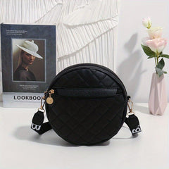 Quilted Circle Crossbody Bag Faux Leather Round Argyle Mini Zipper Shoulder Bag