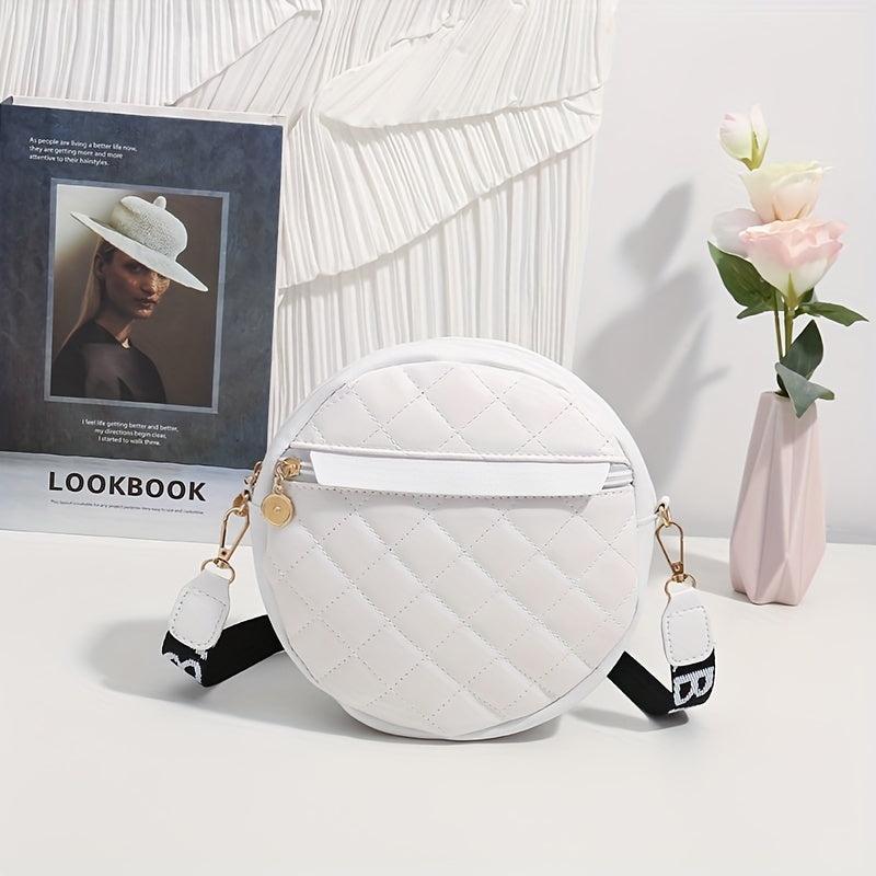 Quilted Circle Crossbody Bag Faux Leather Round Argyle Mini Zipper Shoulder Bag