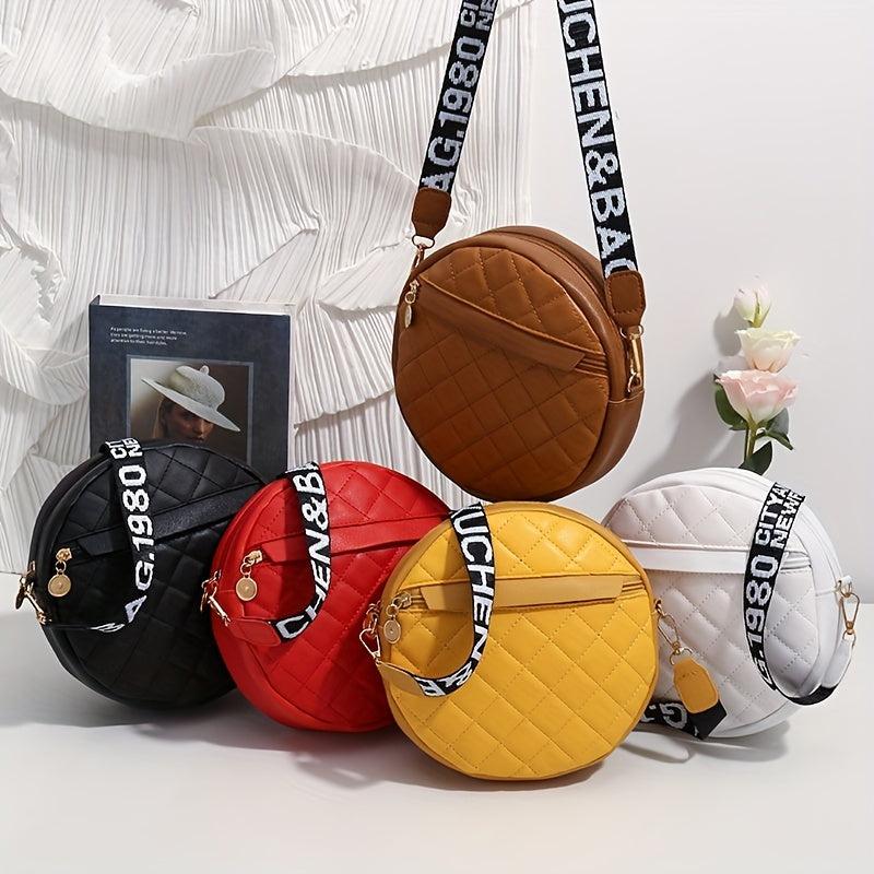 Quilted Circle Crossbody Bag Faux Leather Round Argyle Mini Zipper Shoulder Bag
