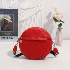 Quilted Circle Crossbody Bag Faux Leather Round Argyle Mini Zipper Shoulder Bag