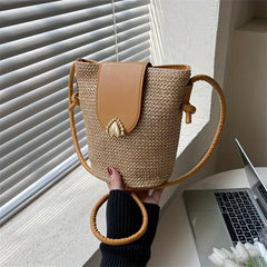 Heart Metal Decor Straw Shoulder Bag Zipper Crossbody Beach Bucket
