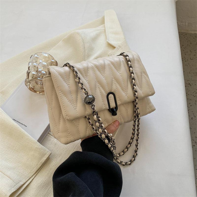 Argyle Quilted Chain Shoulder Bag PU Leather Flap Purse Women's Buckle Decor