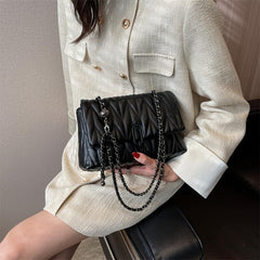 Argyle Quilted Chain Shoulder Bag PU Leather Flap Purse Women's Buckle Decor