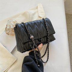 Argyle Quilted Chain Shoulder Bag PU Leather Flap Purse Women's Buckle Decor