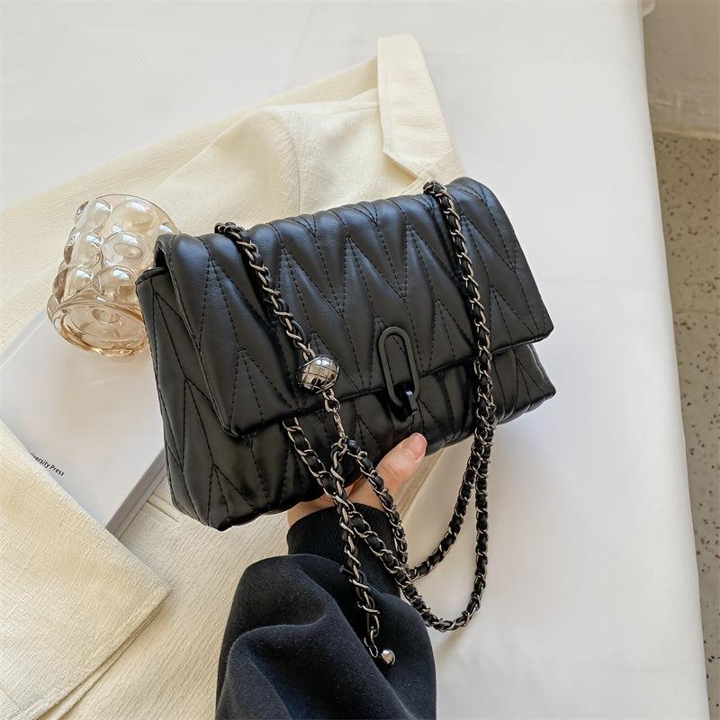 Argyle Quilted Chain Shoulder Bag PU Leather Flap Purse Women's Buckle Decor