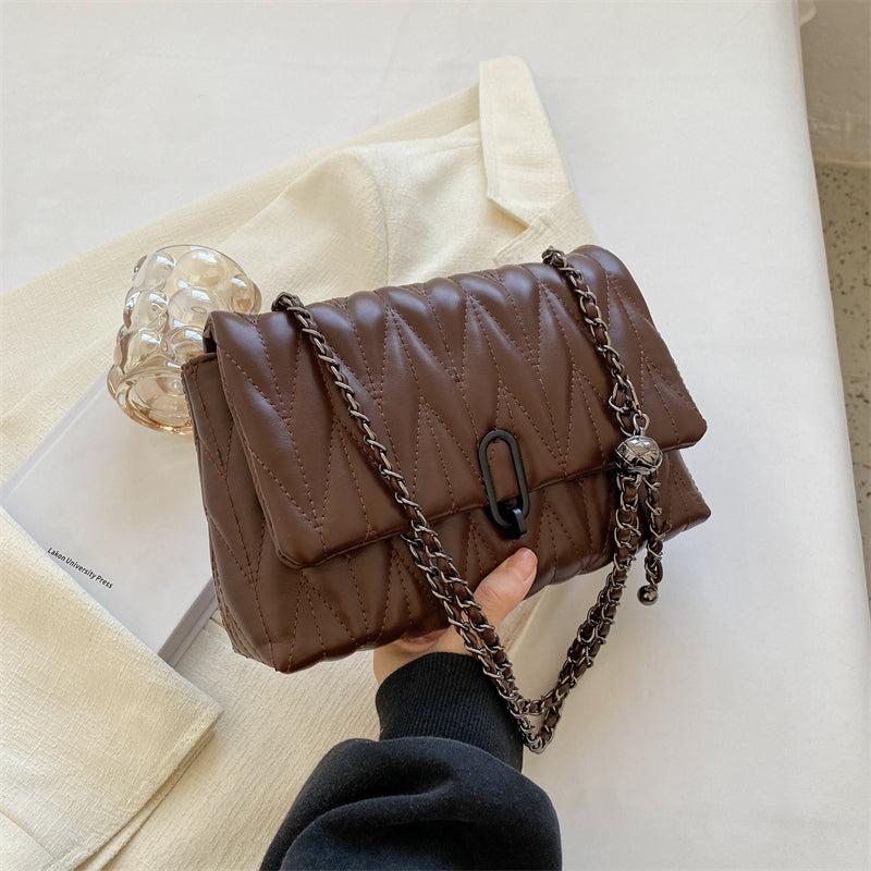 Argyle Quilted Chain Shoulder Bag PU Leather Flap Purse Women's Buckle Decor