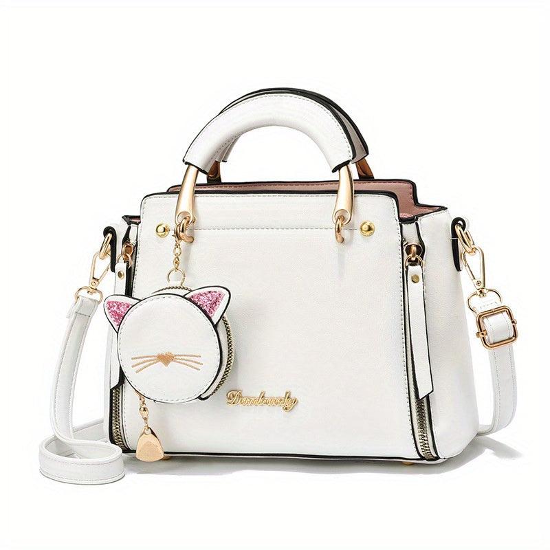 Cartoon Cat Pendant Handbag Zipper Crossbody Bag Women's Satchel Bag