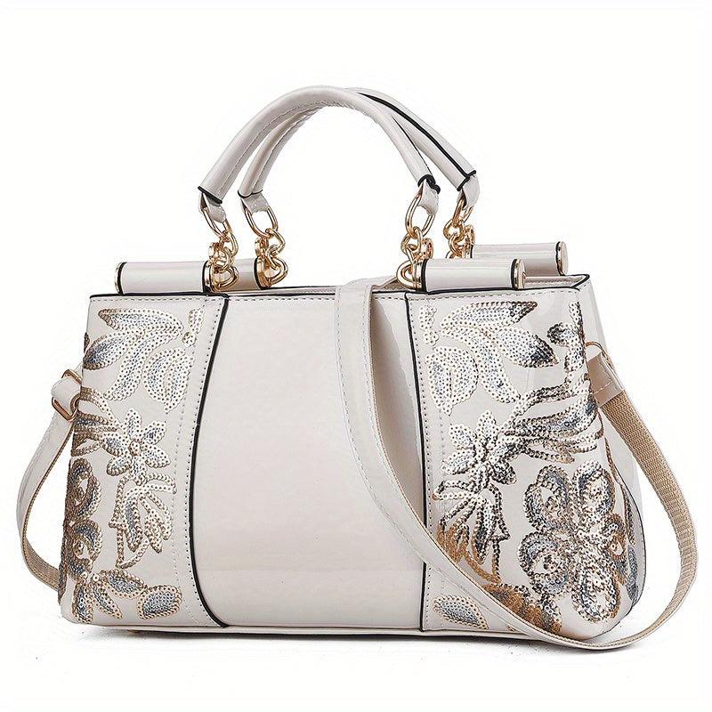 Sequins Embroidery Handbag For Women Patent Leather Tote Bag
