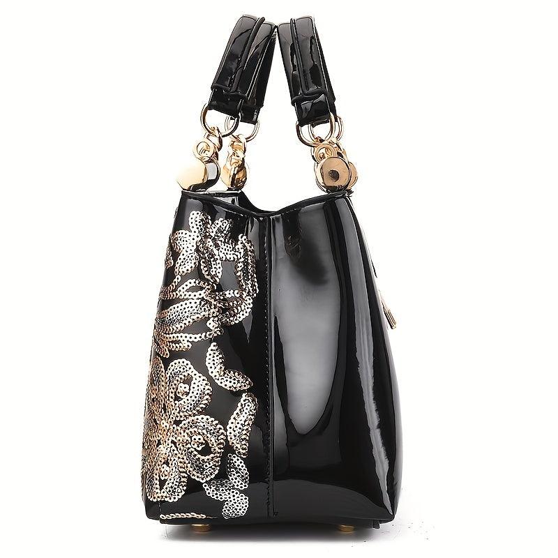 Sequins Embroidery Handbag For Women Patent Leather Tote Bag