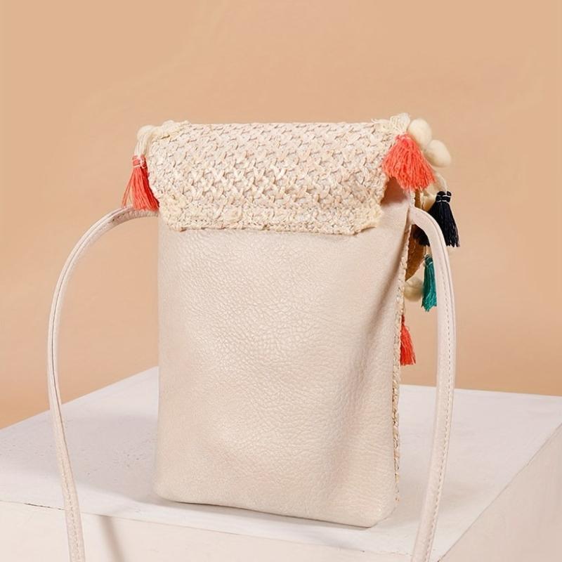 Straw Crossbody Bag with Colorful Tassel Decor