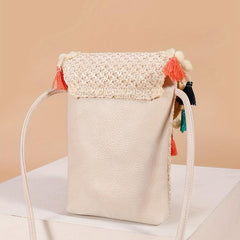 Straw Crossbody Bag with Colorful Tassel Decor