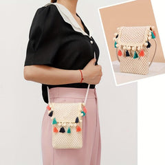 Straw Crossbody Bag with Colorful Tassel Decor