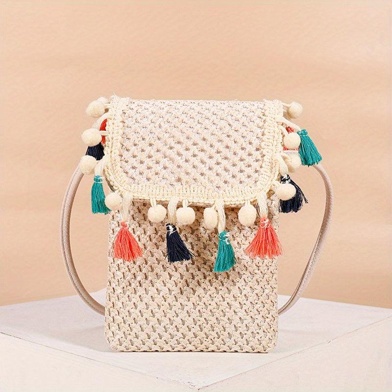 Straw Crossbody Bag with Colorful Tassel Decor
