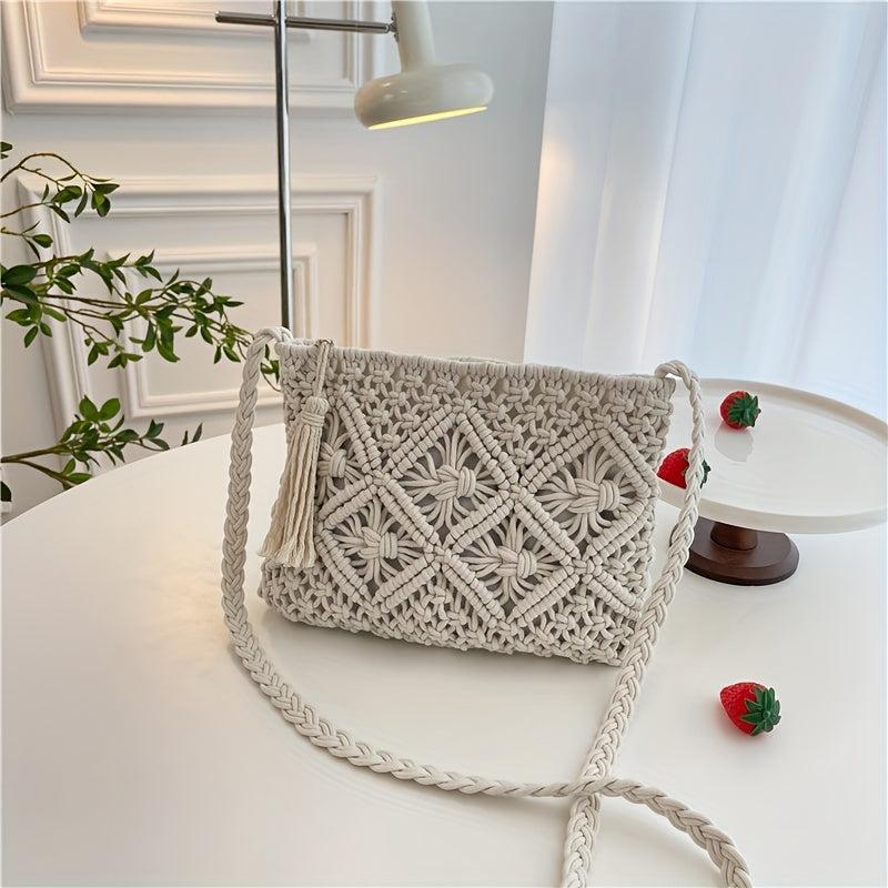 Casual Boho Straw Bag Solid Hollow Woven Square Bag Crossbody Purse