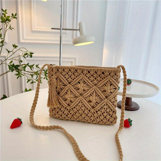 Casual Boho Straw Bag Solid Hollow Woven Square Bag Crossbody Purse