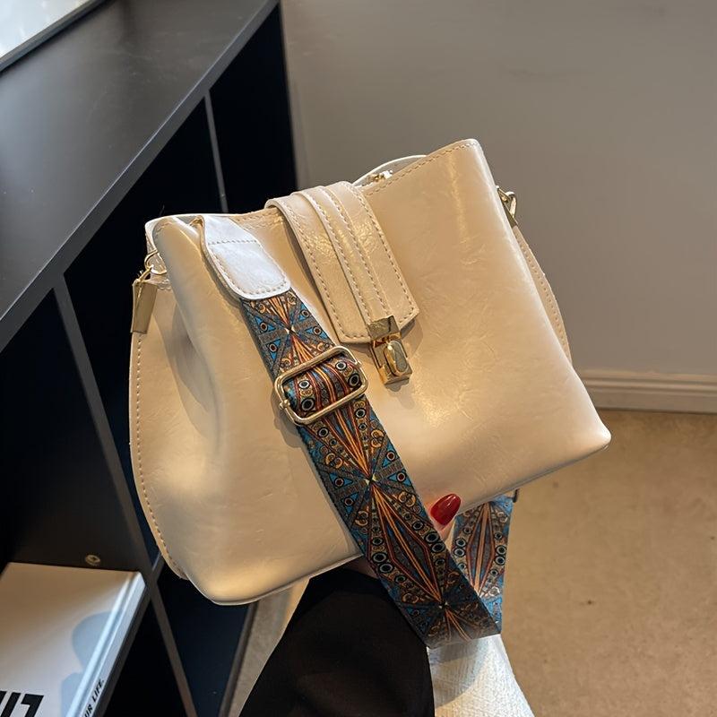 Buckle Decor Bucket Bag Wide Strap Crossbody Bag