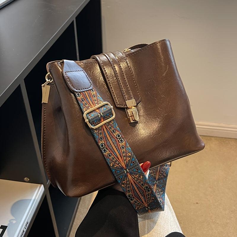 Buckle Decor Bucket Bag Wide Strap Crossbody Bag