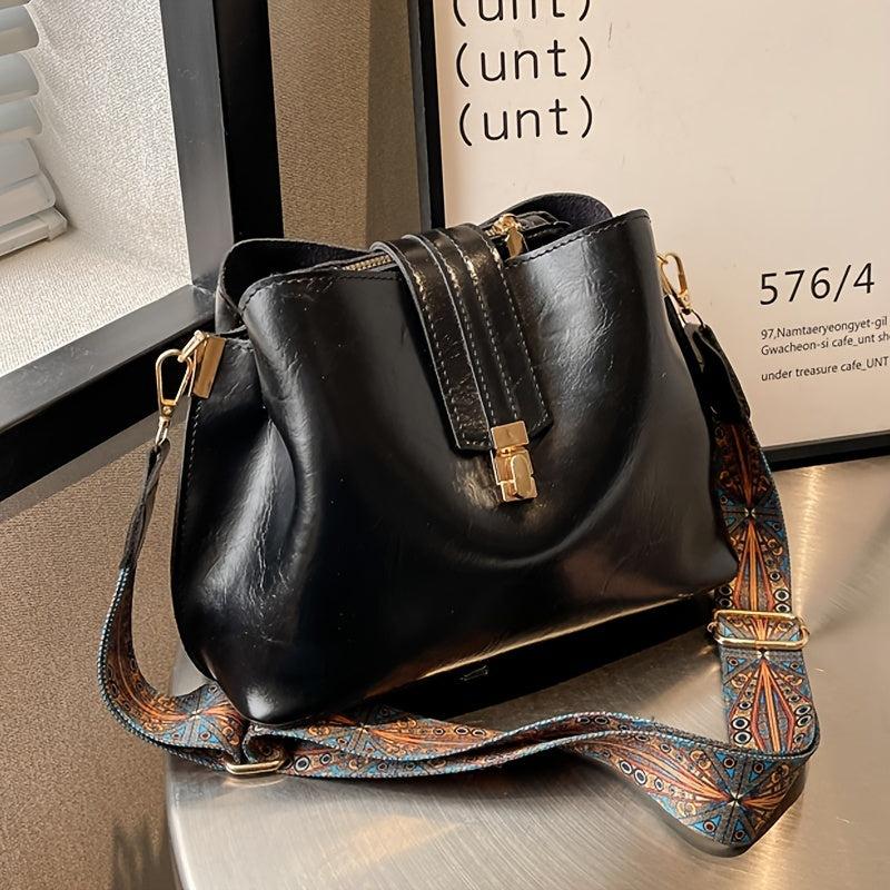 Buckle Decor Bucket Bag Wide Strap Crossbody Bag