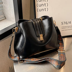 Buckle Decor Bucket Bag Wide Strap Crossbody Bag