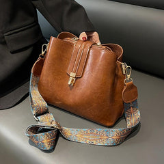 Buckle Decor Bucket Bag Wide Strap Crossbody Bag