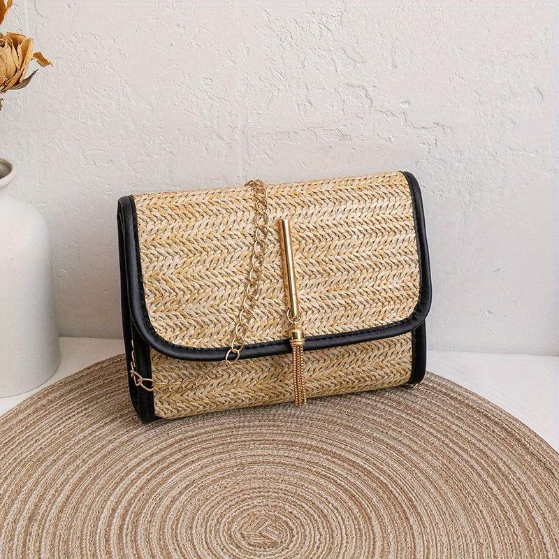 Straw Woven Tassel Crossbody Bag Stylish Handbag 46x3x14cm
