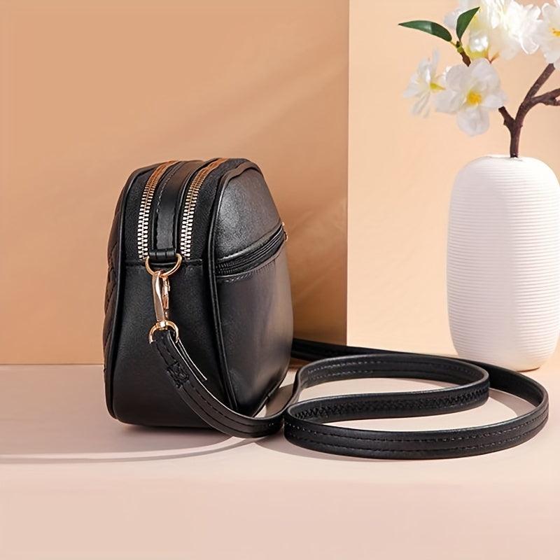 Crossbody Bag Small Shoulder Purse Double Zipper Embroidery Solid