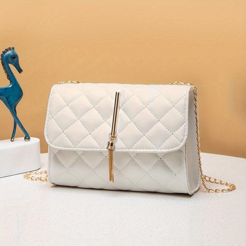 Argyle Quilted Chain Crossbody Bag Women's Tassel Square Purses