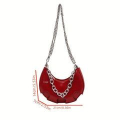 Metal Chain Half Moon Crossbody Bag PU Leather Textured Crescent Bag Purse